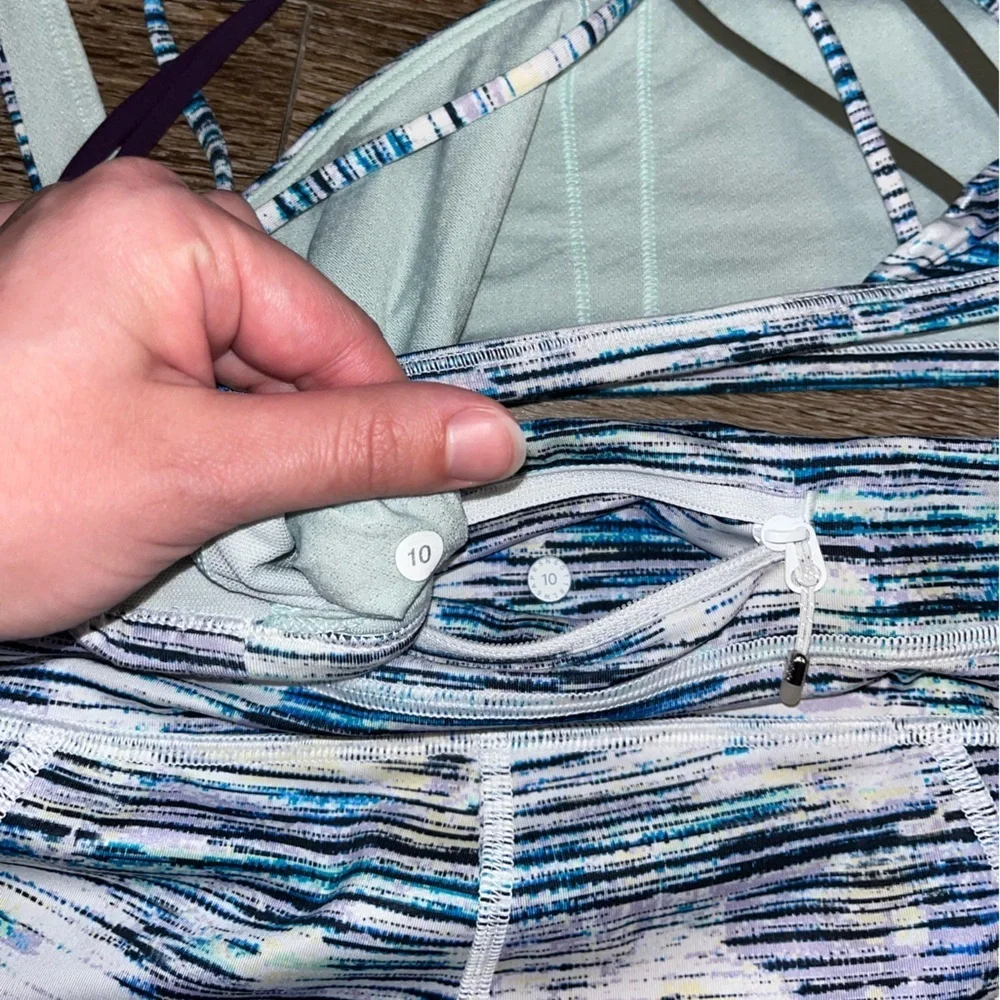 lululemon athletica Blue Floral Striped Leggings & Crisscross Sports Bra Set